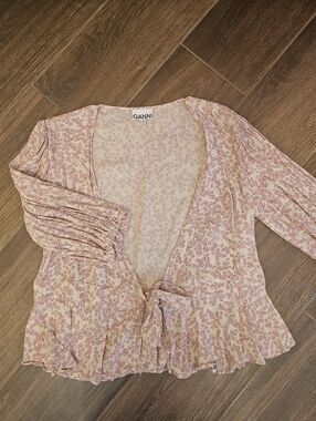 GANNI Wrap Front Blouse-Pink Ivory Floral-3/4 Sleeves-Size 44 US 12-14 READ
